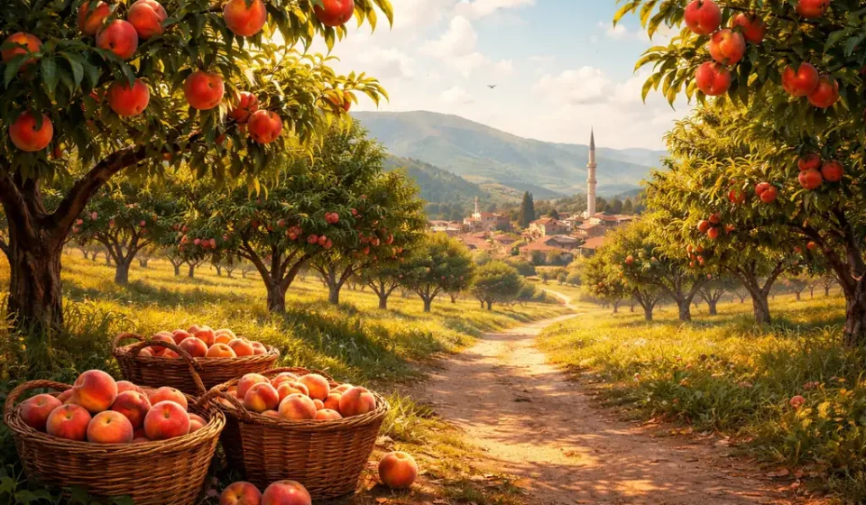 Anadolu’da yaz mevsiminde uzanan şeftali bahçeleri ve kasaba silueti