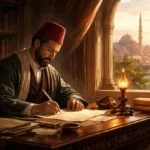 Şinasi’nin Reşid Paşa için yazdığı kasideyi temsil eden, 19. yüzyıl Osmanlı yazı ortamını betimleyen görsel