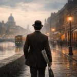 James Joyce’un Ulysses romanındaki 1904 Dublin’ini çağrıştıran, gündelik hayat ve bilinç akışı temasını yansıtan yazısız yatay görsel.