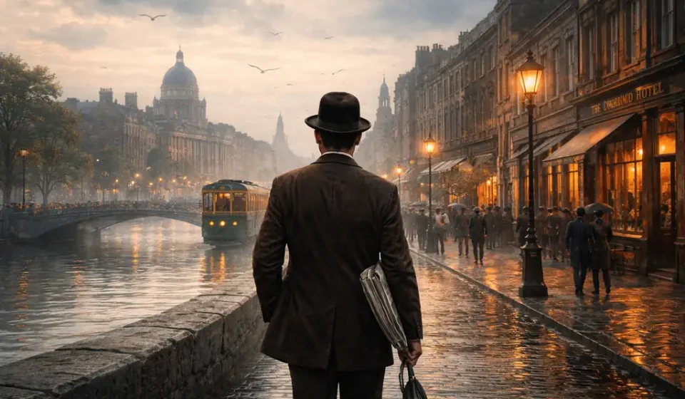 James Joyce’un Ulysses romanındaki 1904 Dublin’ini çağrıştıran, gündelik hayat ve bilinç akışı temasını yansıtan yazısız yatay görsel.