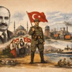 Ziya Gökalp portresi eşliğinde vatan kavramını simgeleyen sanayi, üretim ve toplumsal hayat temalı illüstrasyon