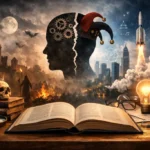 Bilim ve cehalet karşıtlığını simgeleyen konsept kitap inceleme görseli, modern şehir ve eski dönem unsurlarının karşılaştırılması