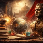 Bilim sembolleri, kitaplar ve otorite temalı heykel figürüyle güç ve akıl tartışmasını simgeleyen konsept görsel.