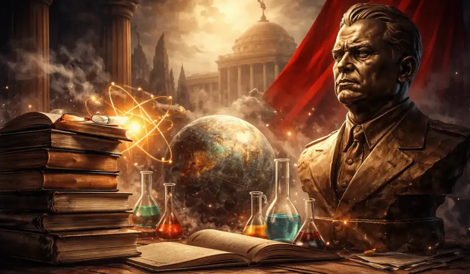 Bilim sembolleri, kitaplar ve otorite temalı heykel figürüyle güç ve akıl tartışmasını simgeleyen konsept görsel.