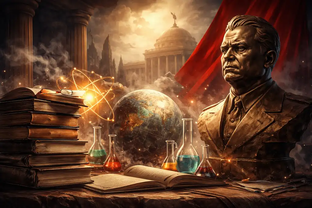 Dahi Diktatör Kitap İncelemesi: Bilim, Otorite ve Tartışmalı Tezler Bilim sembolleri, kitaplar ve otorite temalı heykel figürüyle güç ve akıl tartışmasını simgeleyen konsept görsel.