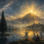 Hayretî’nin “Ne ateş ü bâd ü ne âb ü gil idim cânâ” matlaı ile başlayan gazelinden ilhamla hazırlanan bu görsel, bezm-i elest, ezelî aşk ve vahdet–kesret düşüncesini soyut bir tasavvuf atmosferi içinde yansıtır.