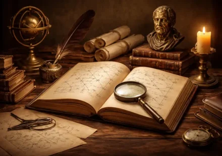 Klasik Mantık Kitap İncelemesi | A. Kadir Çüçen Klasik mantık ve Aristoteles geleneğini simgeleyen açık kitap, mantık şemaları ve antik çalışma masası detayları.