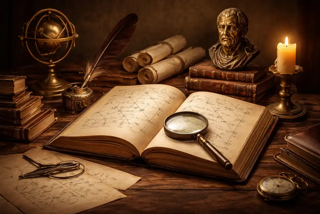 Klasik Mantık Kitap İncelemesi | A. Kadir Çüçen Klasik mantık ve Aristoteles geleneğini simgeleyen açık kitap, mantık şemaları ve antik çalışma masası detayları.