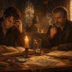 Loş kütüphane ortamında kitaplar ve sembolik nesnelerle çevrili masa, entelektüel ve psikolojik roman atmosferini yansıtan sahne.