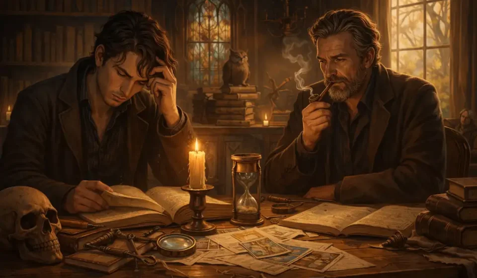 Loş kütüphane ortamında kitaplar ve sembolik nesnelerle çevrili masa, entelektüel ve psikolojik roman atmosferini yansıtan sahne.