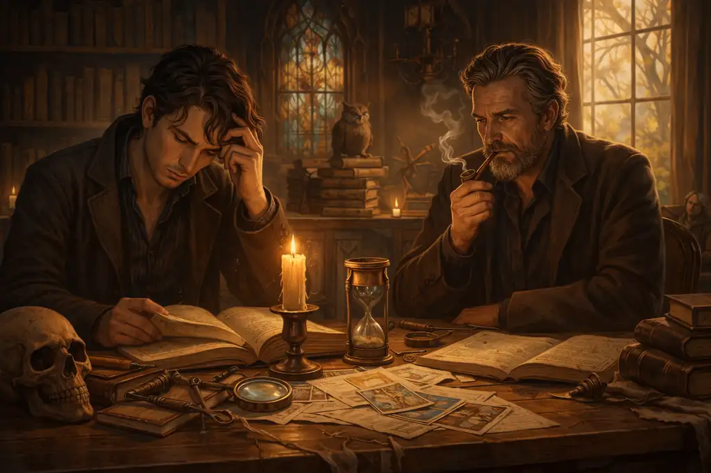 Oyun – A. S. Byatt Kitap İncelemesi | Konusu, Temaları ve Detaylı Analiz Loş kütüphane ortamında kitaplar ve sembolik nesnelerle çevrili masa, entelektüel ve psikolojik roman atmosferini yansıtan sahne.