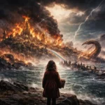 Ragnarök temalı mitolojik kıyamet sahnesi; savaş atmosferinde yanan bir şehir ve deniz kıyısında kitabıyla duran bir çocuk silüeti.