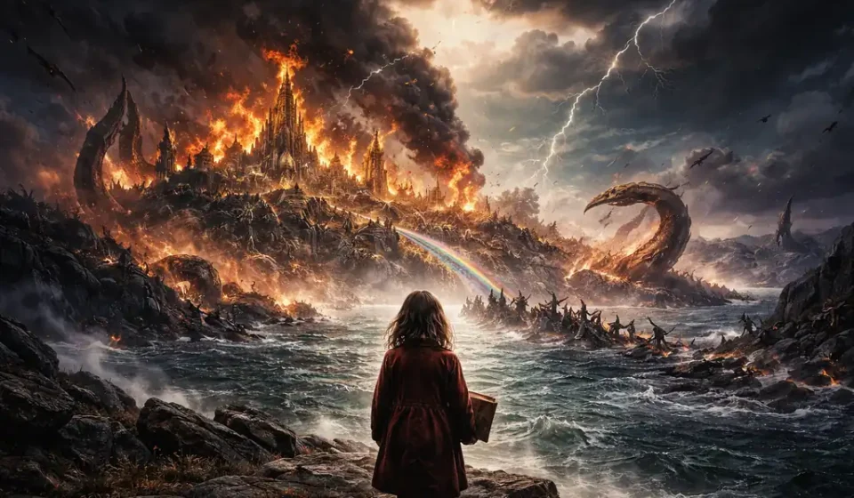 Ragnarök: Tanrıların Alacakaranlığı İncelemesi Ragnarök temalı mitolojik kıyamet sahnesi; savaş atmosferinde yanan bir şehir ve deniz kıyısında kitabıyla duran bir çocuk silüeti.