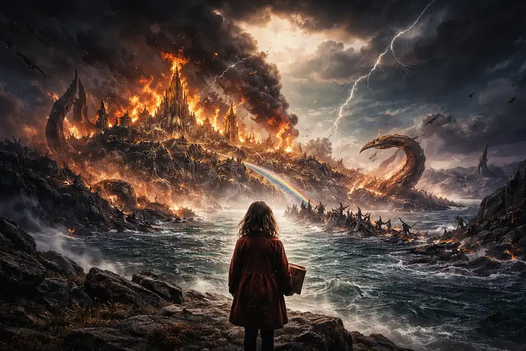 Ragnarök: Tanrıların Alacakaranlığı İncelemesi Ragnarök temalı mitolojik kıyamet sahnesi; savaş atmosferinde yanan bir şehir ve deniz kıyısında kitabıyla duran bir çocuk silüeti.