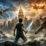 Yunan mitolojisi temalı fantastik sahnede fırtınalı gökyüzü altında yıldırım enerjili kılıç tutan genç kahraman