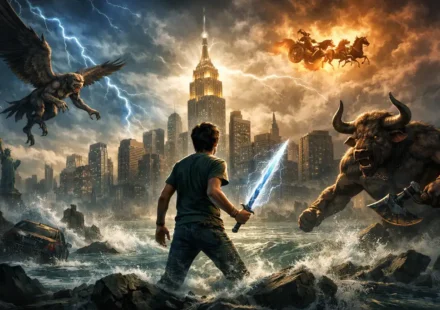 Şimşek Hırsızı Kitap İncelemesi: Konusu ve Detaylı Analiz Yunan mitolojisi temalı fantastik sahnede fırtınalı gökyüzü altında yıldırım enerjili kılıç tutan genç kahraman