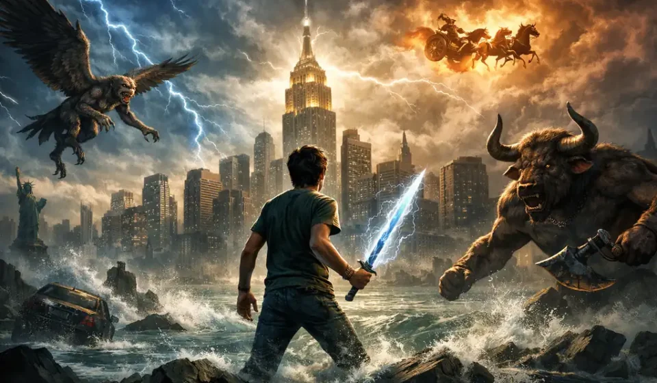 Yunan mitolojisi temalı fantastik sahnede fırtınalı gökyüzü altında yıldırım enerjili kılıç tutan genç kahraman