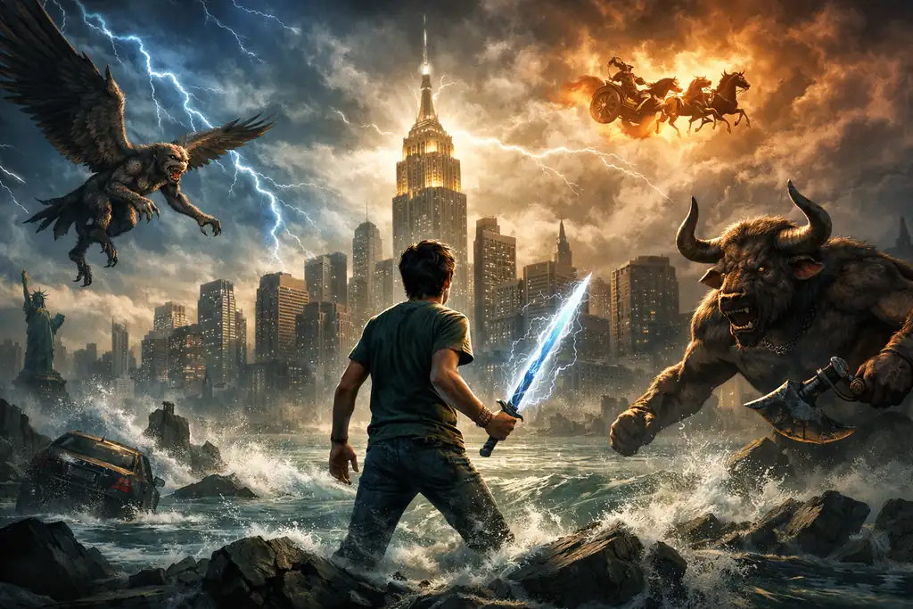 Şimşek Hırsızı Kitap İncelemesi: Konusu ve Detaylı Analiz Yunan mitolojisi temalı fantastik sahnede fırtınalı gökyüzü altında yıldırım enerjili kılıç tutan genç kahraman