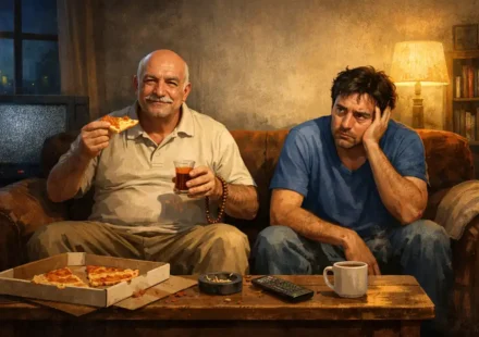 Tanrı ile Selami İncelemesi: İnanç ve Mizah Arasında Modern bir ev ortamında iki erkeğin oturduğu, biri rahat ve alaycı, diğeri düşünceli görünen sahne; metafizik ve mizah temalı roman atmosferi.