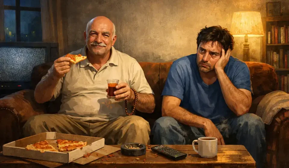 Modern bir ev ortamında iki erkeğin oturduğu, biri rahat ve alaycı, diğeri düşünceli görünen sahne; metafizik ve mizah temalı roman atmosferi.