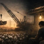 Adalet Ağaoğlu’nun “Yüksek Gerilim” hikâyesindeki görünmez güçler, üretim düzeni ve bireysel kader gerilimini simgeleyen, yazısız ve sembolik kompozisyon.